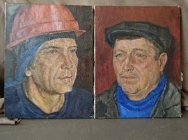 Wonderful pair of portraits of blue collar Russian workers, by Rif Abdullin, 1986.