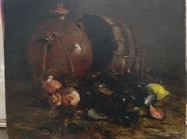Well executed original oil on canvas seafood still life, 1888, by listed French artist, Ernest Honnorat.                                                                                                      This ain't Captain D's!                                                                     

