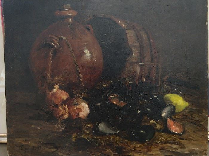 Well executed original oil on canvas seafood still life, 1888, by listed French artist, Ernest Honnorat. This ain't Captain D's!
