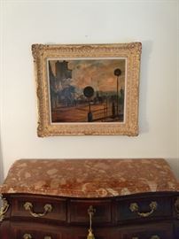 Nicely figured real marble top - not plastic or faux - it's Hekman, dummy! ;-) Vintage continental oil on canvas, in aged wooden frame, signed "Camille".