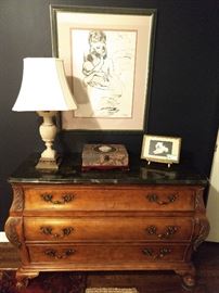 3-drawer French bombe chest, vintage alabaster table lamp, nicely framed/mated Picasso print and a Italian Florentine framed "Fifi" poodle, on stand. LOVE Fifi!