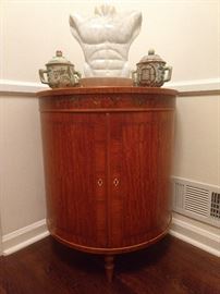 Vintage French demilune chest, with ivory escutcheons, inlaid wood and hand painted border, topped by a pair of Asian porcelain jars and a marble bust of me - LOL!