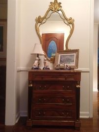 Fine French chest, with marble top and bronze mounts, two pair of English Staffordshire cats/dogs.