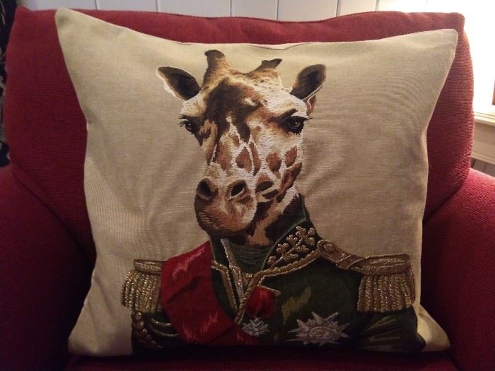 Belgian tapestry pillow, with major general giraffe, sporting lurex epaulettes!