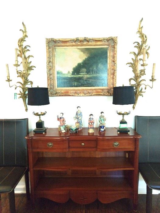 Nice mahogany library shelf, with finely detailed Asian porcelains, FABBY pair of vintage Italian gilt wood 3-light sconces and pair of antique French bronze/marble table lamps.