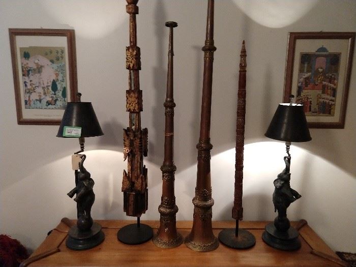 Morrocan doo-dads that are kinda cool - I have no idea what they're called, so you can call them anything you like, I kinda like Clyde... These are flanked by a wonderful pair of bronze elephant table lamps that just happen to be vintage Maitland-Smith. Originally, the cost was $1,565.00/pair - yep!