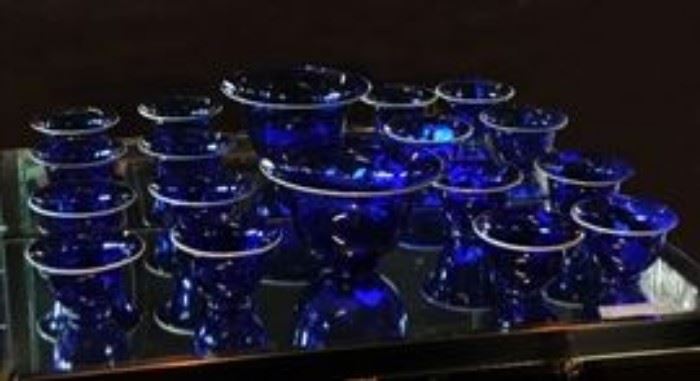 Cobalt Blue White Enamel Bowl Set with Large Bowl. Signed.