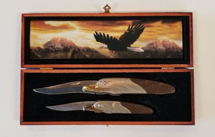 Two Pocket Knives. Eagle Motif Wood & Stainless Steel.
