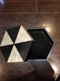 2 Nested Mother of Pearl & Black Hexagonal Storage Boxes.