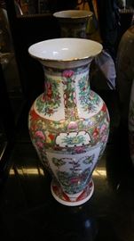 Pair of Asian Vases in Pink, Blue, Green & Red on a White Porcelain Background.