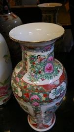Pair of Asian Vases in Pink, Blue, Green & Red on a White Porcelain Background.