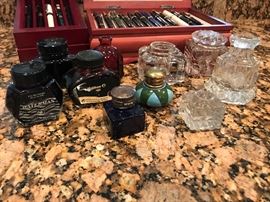Fountain Pens, Display Cases, and Ink Wells