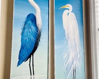 Original Acrylic Paintings on Board by Jan Cooley Signed Pair Blue Herron & White Egret (16" x 45.5" each) x 2