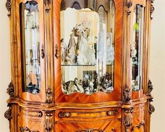 One-Of-A-Kind MAGNIFICENT VENETIAN Inlaid & Carved Wood BREAKFRONT.  Bowed Glass Doors, Glass & Wood Shelves, Mirrored Back, and Display Lights Above.