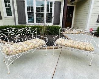 Wrought Iron Garden Benches Love Seats with Upholstered Cushions (Pair) 
