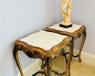 French/Italian Marble Top Hand Painted Pedestal Tables (Set of 2 Pair) - Antiques                                                                               Marble Nude Statue