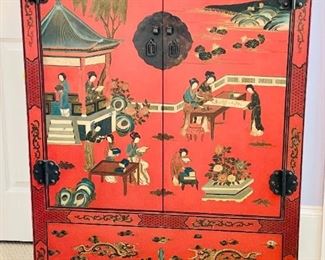  Red LACQUER Chinese Chest  - Oriental Asian CABINET with Shelf Inside & a  SECRET STORAGE AREA at the BOTTOM!  50" h x 34" w x 17" d