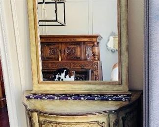 Gorgeous Italian Painted Mirror Top Sideboard Buffet Server (2 Piece Set) with 3 Forward Drawers and 2 Side Drawers with Shelves
