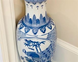 Oriental Asian Blue & White Tall Vase