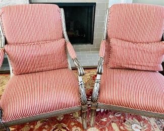 Extremely Comfortable Linen/Silk Carved Wood Accent Arm Chairs (Pair) with Matching Pillows - Color is Red and Light Beige