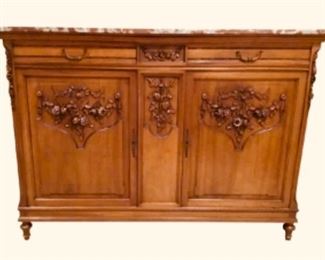 19th Century Hand Carved French Country Marble Top Buffet Sideboard