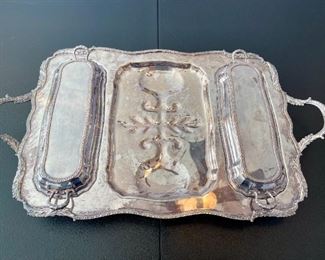 Large Silver Plate 3-Part Footed Meat Platter with 2 Removable Top-Side Covers