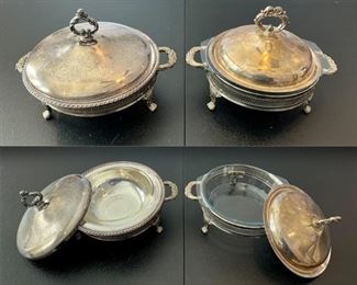 Footed Covered Casserole with Pyrex Inserts Silver Plate (2 Casserole Dishes - Here is a Top View of the 2 Different Lids & Their Respective Inside Views)