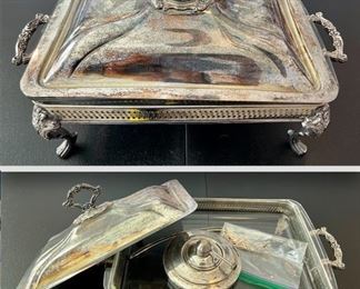 Chafing Dish Warming Stand Buffet Server with Pyrex Insert Silver Plate (Top View & Inside View)