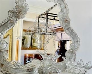 Antique Circa 1920 Venetian Etched Mirror Murano Glass with Sconces