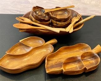 Koa Monkey Wood Salad Bowls & Serving Bowl Set & Pu Pu Koa Monkey Wood Platters