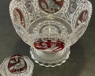 Vintage Cranberry Hofbauer Crystal Bowls (Pair - Very Large & small) Sawtooth Edge Bird Cut in Cranberry  