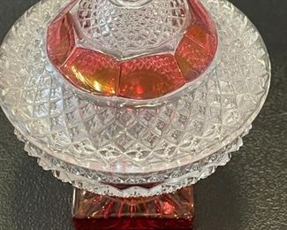 Indiana Glass Cut To Clear Cranberry Diamond Point Pedestal Lidded Candy Dish
