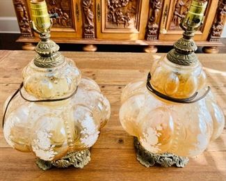 Vintage Hurricane Parlor Table Lamps Smoked Amber Glass (Pair)