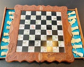 Asian Chinese Carved Wood Chess Set and Carved Bats - Floral Etched Board - Hinged Box that Closes in Half.