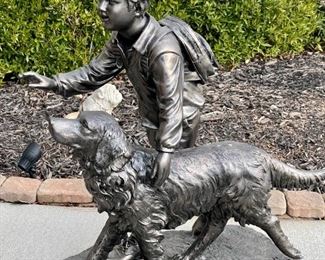 Large Garden Sculpture Artist Carved & Hand Cast in Durable Fiberglass Reinforced Resin with  Finely Crushed Stone Outer Surface for an Authentic Finish - Child (Boy) and Dog Statue 