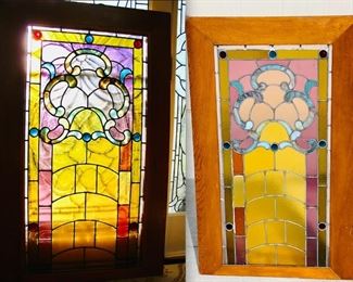 Large Vintage Stained Glass Window.  ** Please note on the 1st Photo LEFT that there is a glass door behind showing through with leaded wiring.  The coloring is very true when the sun shines behind it.  The second Photo RIGHT is standing with NO Sun shining behind it. 