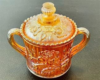 Vintage Amber Yellow Orange Carnival Glass Double Handle Candy Dish