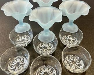 Set of 6 Vintage Italian Frosted Satin Blue Parfait Sundae Glasses & Set of 6 Clear Glass Ice Cream Dishes