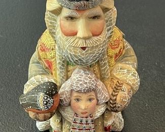 DeBrekht Santa Father Christmas with Boy Russian Folk Art Figurine