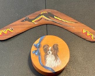 Australian Bunabiri Boomerang & a Vintage Hand Painted Wood Trinket Jewelry Box Papillon Dog Signed by Artist