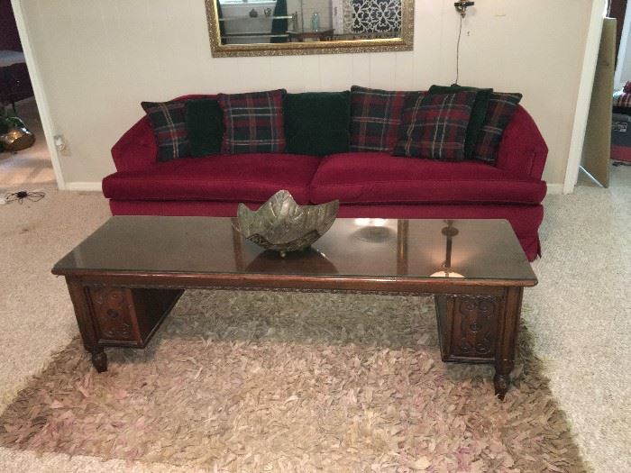 Red Sofa, Unusual Coffee Table 