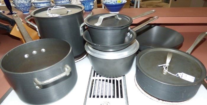 Commercial Anodized cookware set, Calaphalon Pot with lid (far Right)