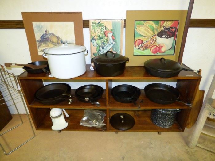 Vintage cast iron skillets, dutch oven, enamel ware boilers