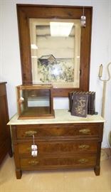 Eastlake chest with marble top, country store counter top display cabinet, large original watercolor in fantastic frame