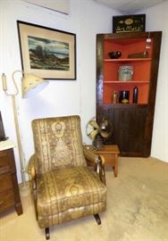 Swan armed rocker, primitive corner cabinet, original watercolor, coin operated fan that came from hotel in Macon
