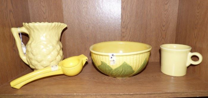 Shawnee corn bowl (as is), lemon juicer, pineapple pitcher