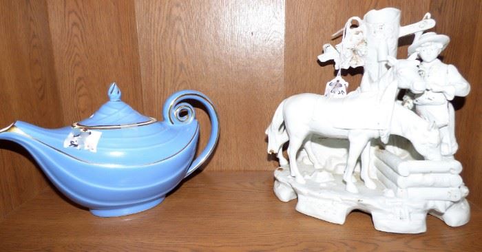 Hall's Aladdin teapot (as is), bisque boy & cow figurine