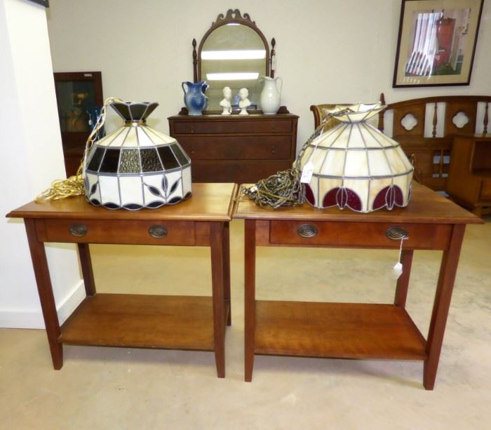Pair of handmade side tables with drawer, stained glass swag lamps