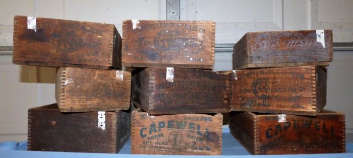 Antique Dovetailed Capewell Horse Nails boxes, One on top at far right is Winchester Box 