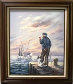 Man on pier with dog oil on canvas